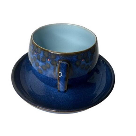 Denby Midnight England Cup and Saucer Blue with Brown and Red Details - Picture 7 of 10